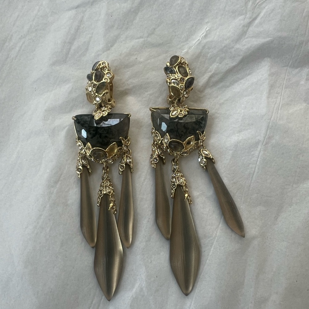 Alexis Bittar Champagne lucite Crystal Clip Earrings missing one stone